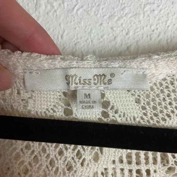 Miss Me Size Medium Stripe Knit Hooded Sweater Crochet Fringe Boho Gauze Cream - Picture 3 of 9